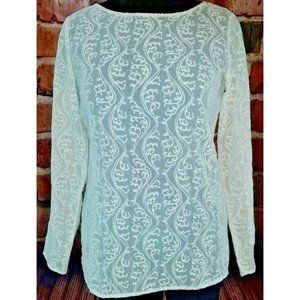 Ann Taylor Loft Off White lace tunic Small long sleeve semi sheer Lightweight bo